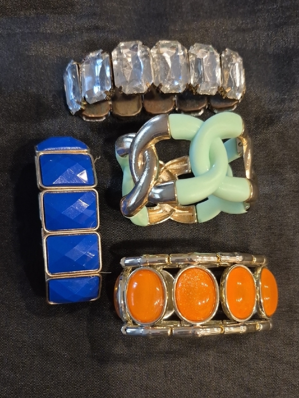 Set of 4 Colorful Stretch Bracelets - Blue, Orange, Mint & Crystal